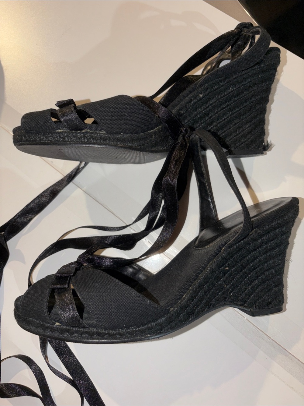 Pass size 9US Black wedge bow front satin ribbon tie ballet style straw wedge